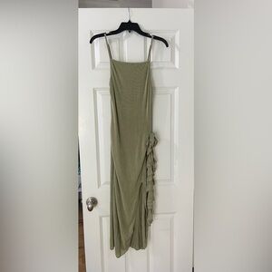 Elegant Olive Green Dress with Ruffle Detail